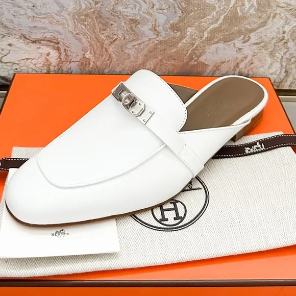 In Stores! New! Hermes Oz White Calfskin Leather Mule